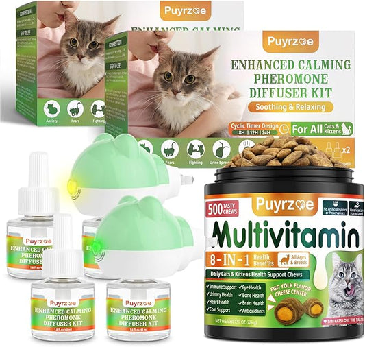 Cat 6-in-1 Calming Diffuser + Multivitamin 500 Chews for Cats – Stress Relief, Immune, Skin & Coat, Digestion, Brain & Bone Health for All Cats, 2 Diffusers + 4 Refills