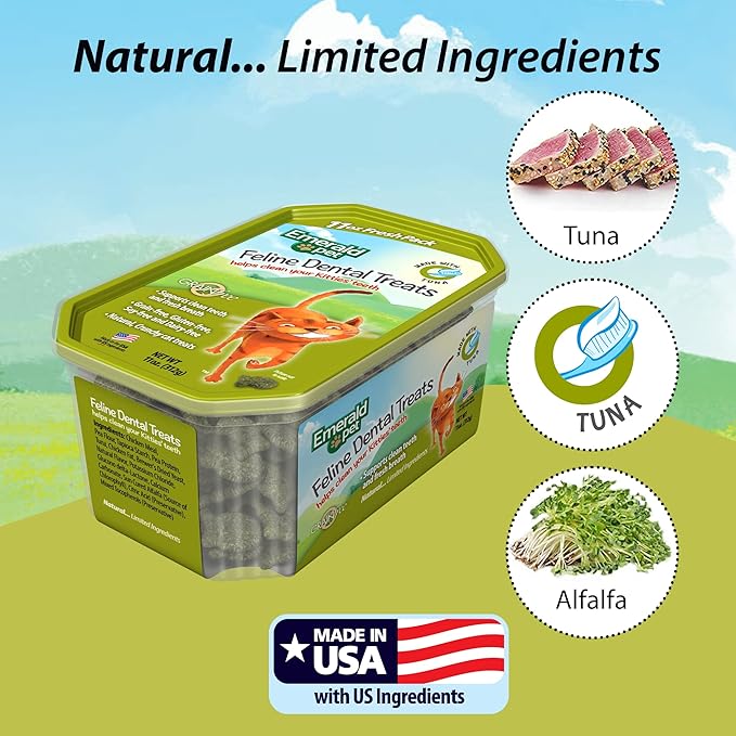 Feline Dental Treats — Tasty and Crunchy Cat Dental Treats Grain Free — Natural Dental Treats to Clean Cat Teeth, Freshen Cat Breath, and Reduce Plaque and Tartar Buildup — Tuna Treats, 11 oz