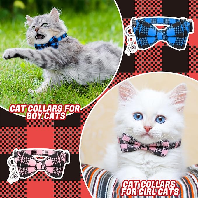 6 Pack Breakaway Cat Collars with Bow Tie and Bell Classic Plaid Kitten Cat Collars Adjustable Cat Bowtie Collar with Pendants for Girl Boy Kitten Cats