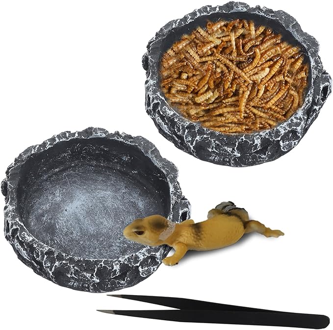 IBWell 2pcs Reptile Water Bowl with Feeding Tweezers - Feeding Dish for Lizard, Snake, Tortoise & Small Animals - Grey Rock