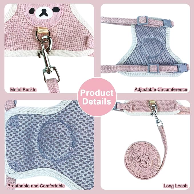 2-Pack Rabbit Harness and Leash Set – Adjustable Small Animal Vest Harness with Safety Buckle – Breathable & Lightweight – Ideal for Rabbits, Ferrets, Guinea Pigs, and Cats (Pink)