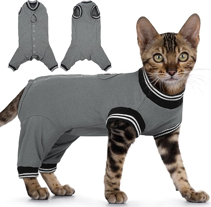 PUMYPOREITY Cat Recovery Suit for Hind Legs, Cat Surgical Spay Suit with Leg Sleeves to Stop Licking, Long Rear Sleeve Wound Cover Abdomen Kitten Onesie, Grey, XL