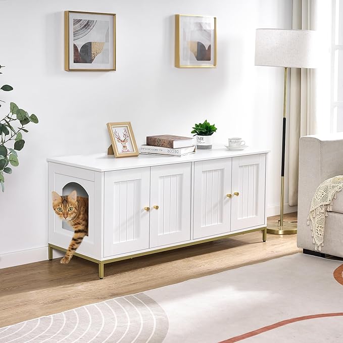 Homhedy Cat Litter Box Enclosure for 2 Cats, Cat Washroom Furniture with Double Room, Pet House with Metal Frame, 47.2”L x 17.7”W x 21.7”H, White and Gold