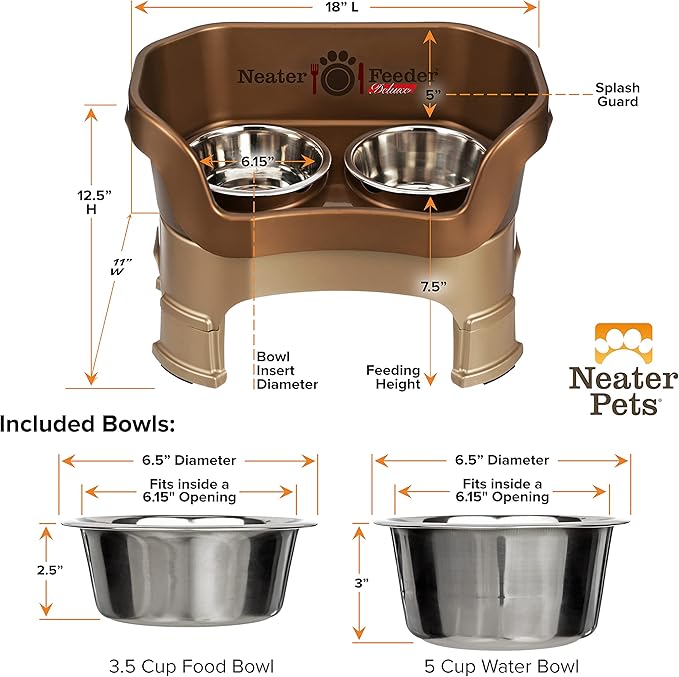 Neater Feeder Deluxe Mess Proof Dog Bowls Elevated Medium Sized Dogs (19-40 lbs) Made in USA, No Spill Raised Dog Food Bowl Stand w/Leg Extension, Stainless Steel Food and Water Bowl Set, Bronze