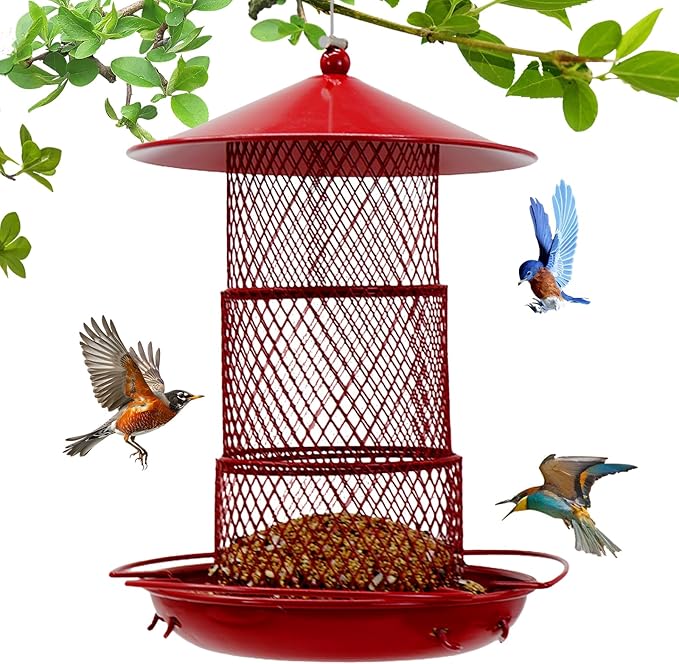 Bird Feeders for Outdoors, Hanging Metal Bird Feeder with 4.5LB Large Capacity, Red Wrought Iron Feeder,Sturdy & Weatherproof, Easy to Clean & Refill, Great for Attracting Wild Birds