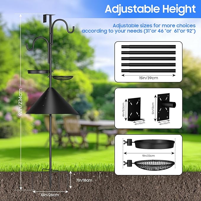 Bird Feeder Pole with Squirrel Proof Baffle,92 Inch Adjustable Double Shepherds Hook,Heavy Duty Hanging Bird House Pole Stand for Outdoors,Hummingbird Bird Bath Feeder Tray for Outside, Yard, Garden