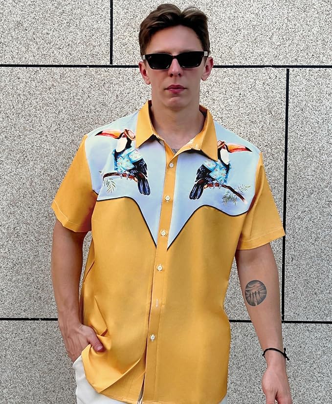 Men’s Hawaiian Shirt Western Cowboy Symmetrical Print Short Sleeve Button Down Casual Beach Holiday Summer Shirt