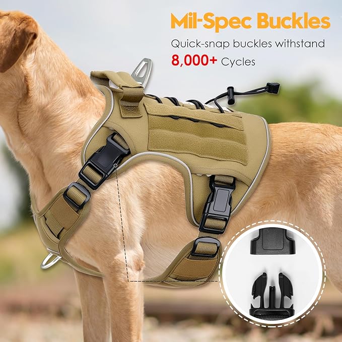 Heavy-Duty Tactical Dog Harness for Large Dogs, No Pull Adjustable Reflective Pet Vest with Molle System, K9 Military-Grade Control for Service Training, Outdoor & 10+ Breeds, Khaki, X-Large