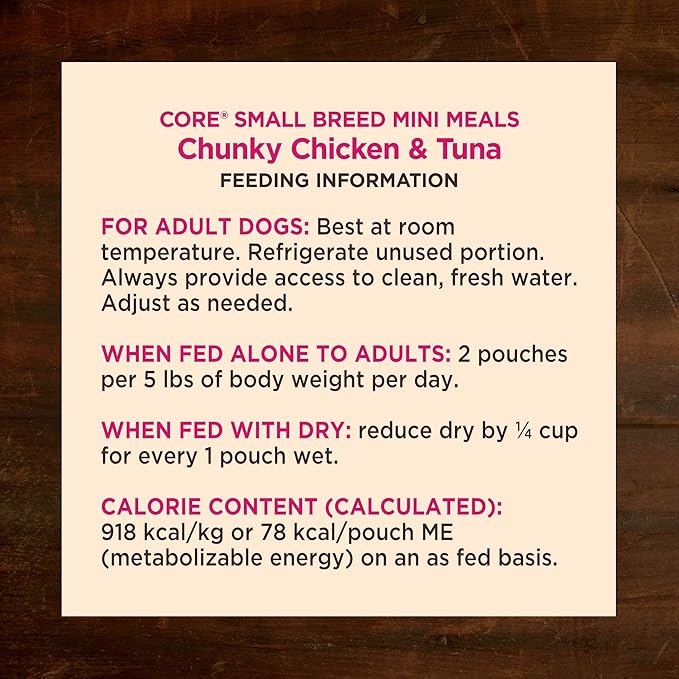 Wellness CORE Natural Grain Free Small Breed Mini Meals Wet Dog Food, Chunky Chicken & Tuna Dinner in Gravy, 3-Ounce Pouch (Pack of 12)