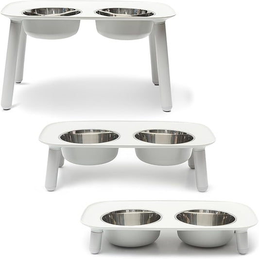 Messy Mutts Elevated Double Feeder with Stainless Bowls | Adjustable Height 3”, 5”, or 10” | Adjustable Standing Feeder for Dogs | 5 Cups per Bowl | Light Grey