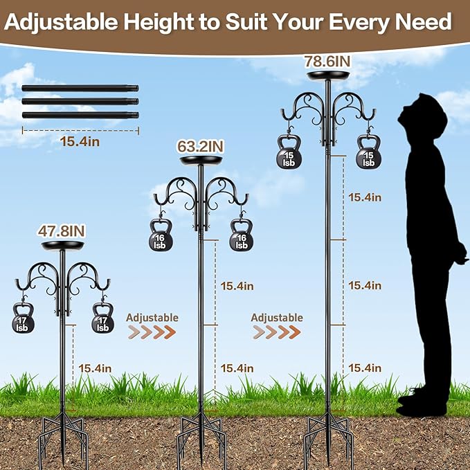 Double Shepherds Hooks for Outdoor Heavy Duty, Adjustable Shepherds Hook, 1 Pack 77 inch with 5 Prongs Base, Garden Hooks for Hanging Bird Feeders, Hanging Plants, Solar Light Lantern