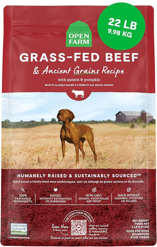 Open Farm, Ancient Grains Dry Dog Food, Protein-Rich & Nutrient Dense, 90% Animal Protein Mixed with Non-GMO Fruits, Veggies and Superfoods, Grass-Fed Beef Recipe, 22lb Bag