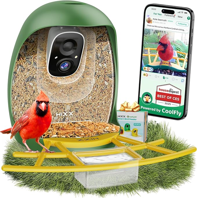 HIXX Smart Bird Feeder with Camera, AI Identify Birds & Auto Capture, 2K HD Live Camera Birdwatching with Color Night Vision for Bird Lovers Gifts (Green)
