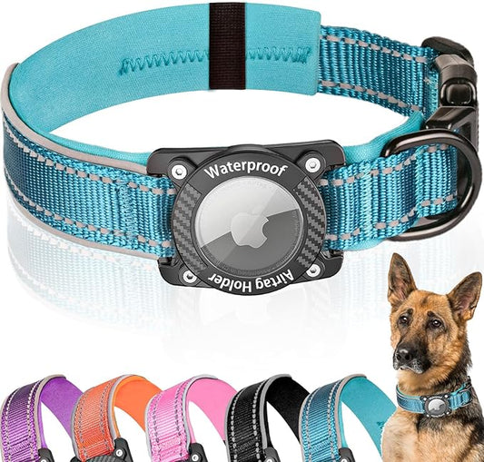 Upgraded AirTag Dog Collar, IP68 Waterproof Dog Collar with Apple Air Tag Holder, Reflective Adjustable Heavy Duty Dog Collars with Soft Padded for Small, Medium and Large Dogs,Blue, M