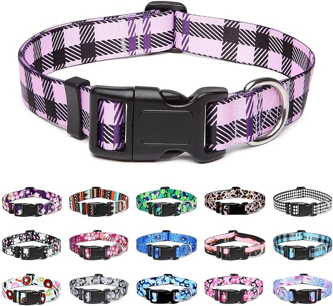Mercano Adjustable Dog Collar - Special Design Patterns, Soft Nylon Comfortable Durable Pet Collar for Small Medium Large Dogs (M, Purple Plaid)