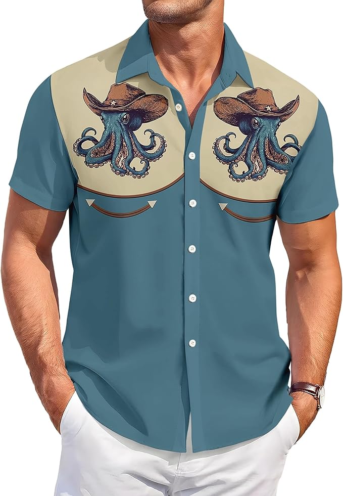 Men’s Hawaiian Shirt Western Cowboy Symmetrical Print Short Sleeve Button Down Casual Beach Holiday Summer Shirt