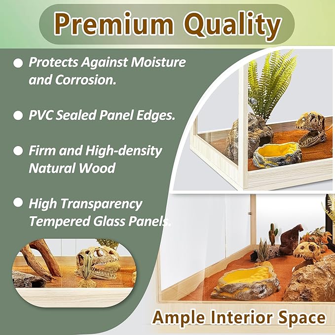 PROLEE Tempered Glass Bearded Dragon Tank,32 Gallon Reptile Tank with Meatl Mesh Roof and Front Sliding Door, Anti-Scratch Lizard Tank,Spacious Reptile Enclosure for Snakes,Lguanas, Chameleons (Oak)