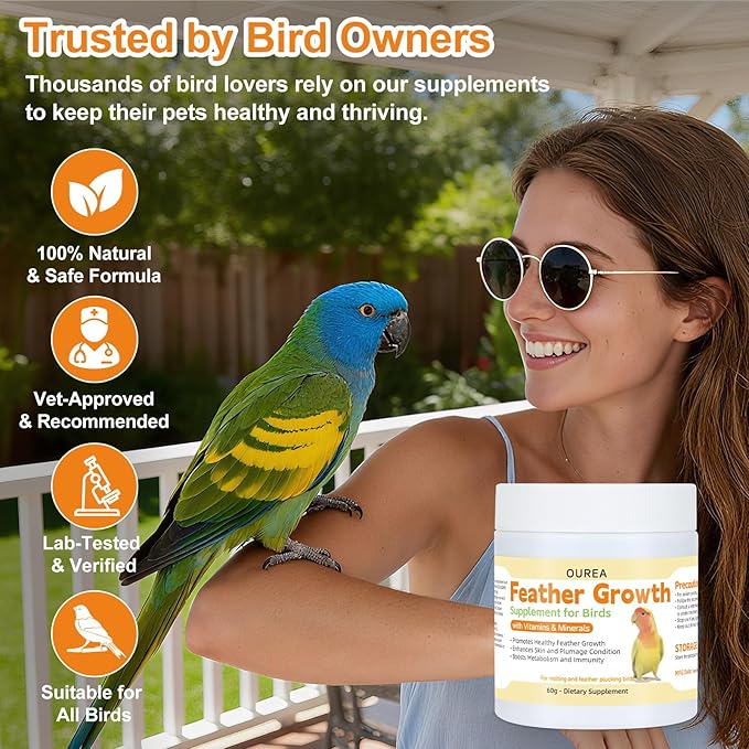 Feather Growth Supplement for Birds Parrots, Multi-Vitamins & Minerals Powder with Biotin Amino Acid for Molting Plucking, Support Healthy Feather Regrowth Plumage Shine Immunity for All-Natural Bird