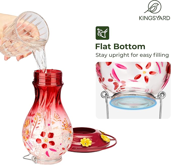 Kingsyard Hummingbird Feeder for Outdoors, Glass 26 oz Leak Proof Feeder with Ant Moat & 6 Ports, Hanging Bird Feeder for Garden Decor, Red