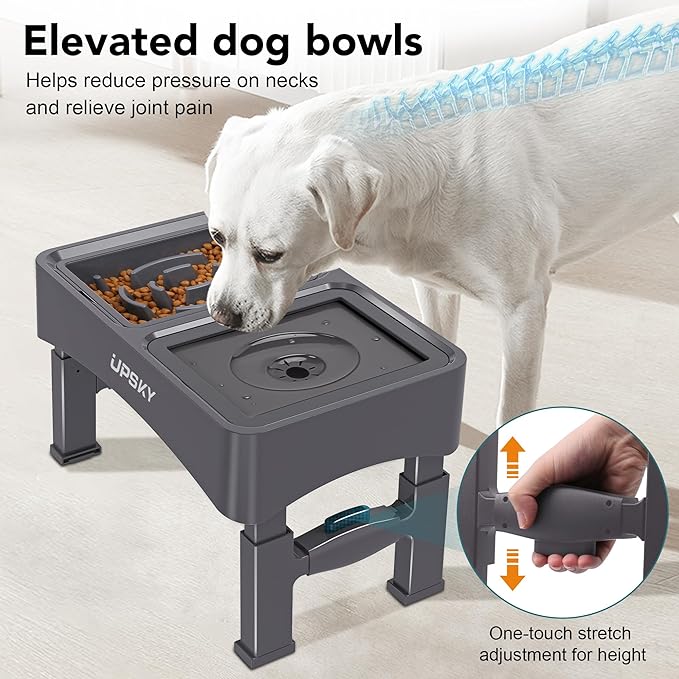 UPSKY 2-in-1 Elevated Dog Bowls Slow Feeder, 4 Height Adjustable Raised Bowl Stand, No Spill Dog Water Bowls, Anti-Slip Food and Water Bowls for Small Medium Dogs(Not Include Stainless Steel Bowl)