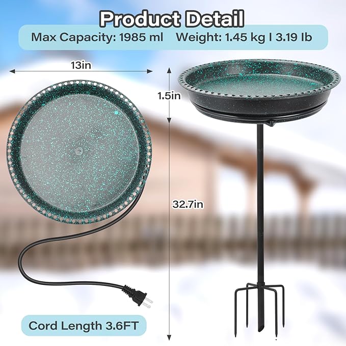 Heated Bird Bath for Outdoors,75W Bird Bath Water Heater Bird Bath Deicer,Heated Bird Baths Thermostat Control Weather Resistance Available with Stable Metal Pole for All Seasons-Green