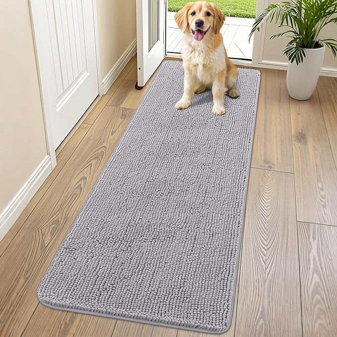 Smiry Dog Door Mat for Muddy Paws 70x24, Absorbs Moisture and Dirt Doormat, Non-Slip Washable Quick Dry Chenille Front Door Mat Indoor Entrance, Entryway Carpet for Inside Floor, Light Grey