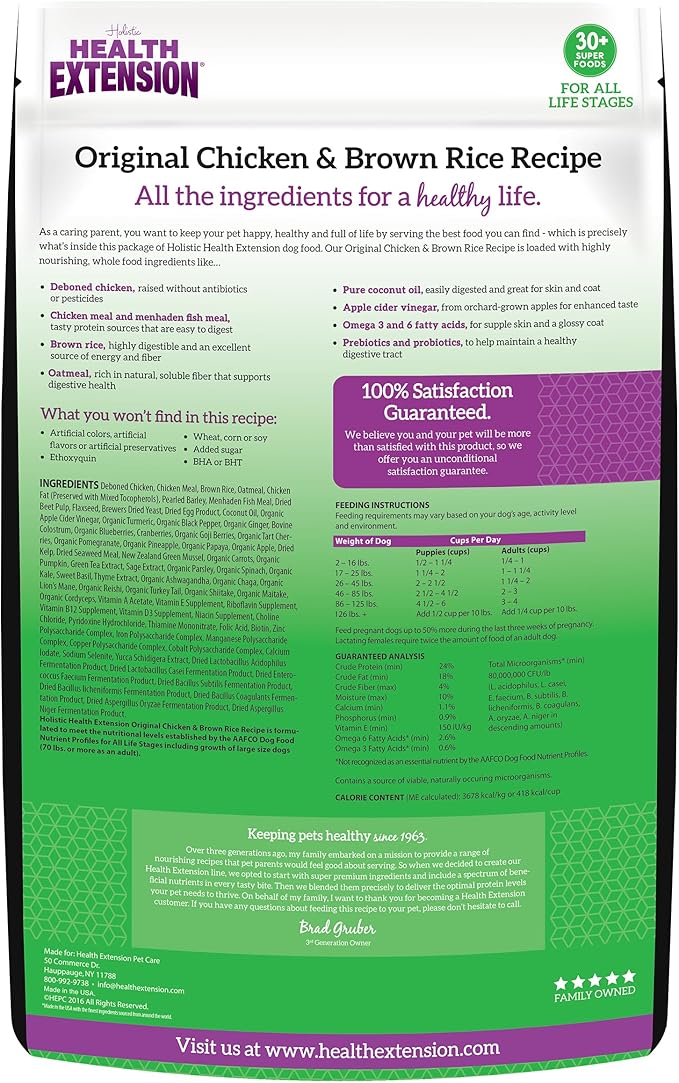 Health Extension Original Chicken & Brown Rice, Protein Packed Formula with Probiotics & Superfoods for Digestion & Coat Health (30 lb Bag)