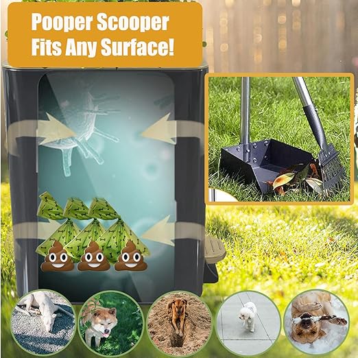 Metal Dog Pooper Scooper for Yard - 3.2Gal Dog Poop Trash Can Outside with Pedal - Pet Waste Container Outdoor - Stainless Steel Garbage Bucket with Lid - Black Trash Bin, Long Handle Tray and Rake