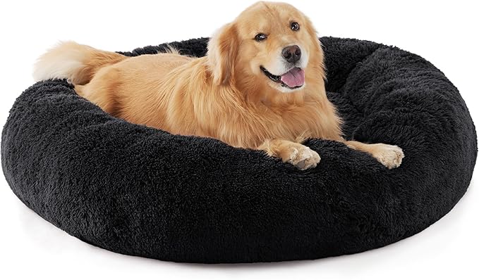 Bedsure Calming Dog Bed for Extra Large Dogs - Donut Washable Large Pet Bed, 45 inches Anti-Slip Round Fluffy Plush Faux Fur Dog Bed, Fits up to 120 lbs Pets, Black