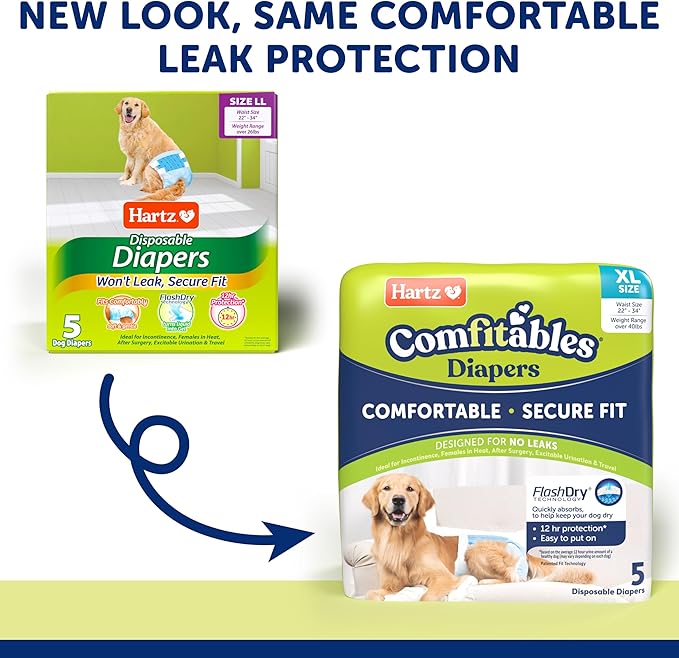 New! Hartz® Comfitables® Disposable Dog Diapers, Size XL 5 count, Comfortable & Secure Fit, Easy to Put On, Super Absorbent Male and Female Diaper