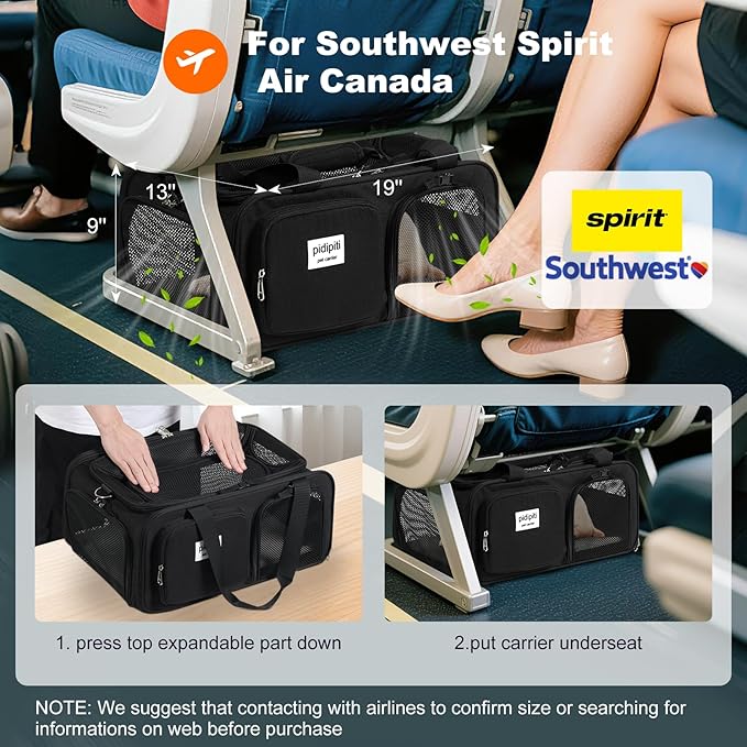 19x13x9 TSA Approved top Expandable pet Carrier for Small Dog Puppy cat up to 10 lbs Weight and 18'' Length, for Southwest Spirit Canada Airlines(Black)