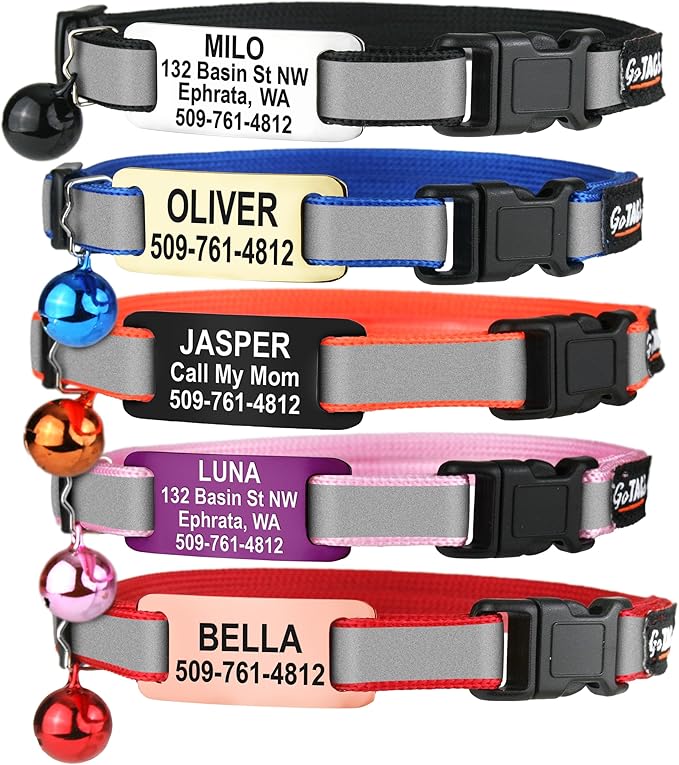 GoTags Reflective Cat Collars with Personalized Tag, Breakaway Collar with Safety Buckle Matching Bell, Engraved Custom with Name and Phone, Adjustable for Cats and Kitten, (Pink with Nameplate)
