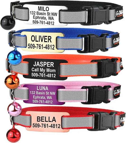 GoTags Reflective Cat Collars with Personalized Tag, Breakaway Collar with Safety Buckle Matching Bell, Engraved Custom with Name and Phone, Adjustable for Cats and Kitten, (Pink with Nameplate)