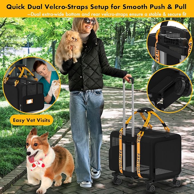 PAWZIDEA Expandable Large Pet Carrier with Wheels, 24x16x16 in Rolling Cat Carrier for 2–4 Cats up 55lb, Soft-Sided Collapsible Small Medium Dog Crate for Car Travel, Telescopic Handle, Storage Pocket