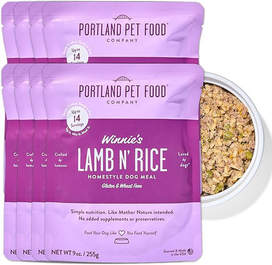 Portland Pet Food Company Fresh Dog Food Pouches - Human-Grade Toppers Wet Pet Meal & Mixers - Gluten-Free Limited Ingredient Winnie's Lamb N' Rice - Large & Small Breed Puppy & Senior Dogs - 8 Pack