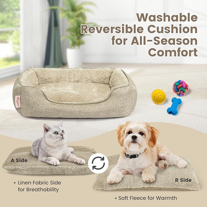 Miguel Faux Linen Dog Bed with Removable Cushion Pillow for Medium Small Dogs, Washable Pet Bed with Side Easy to Wash Puppy Bed, Rectangle Cat Bed for Indoor Cat with Anti-Slip Bottom, Beige 35 Inch