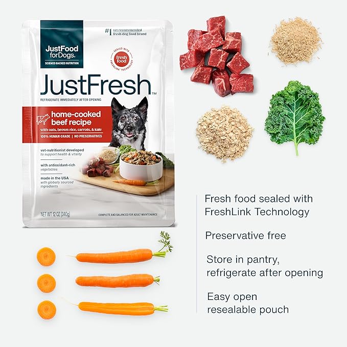 JustFoodForDogs JustFresh Wet Dog Food, Fresh Pet Meals and Toppers with No Preservatives, Resealable Package, Human Grade, Home-Cooked Beef, 12 oz - 7 Pack