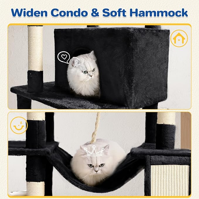 Cat Tree Tower 63in Multi-Level Cat Tower for Indoor Cats with Sisal Scratching Posts, Condo, Hammock, Dangling Ball and Extended Platform for Cats to Play, Black