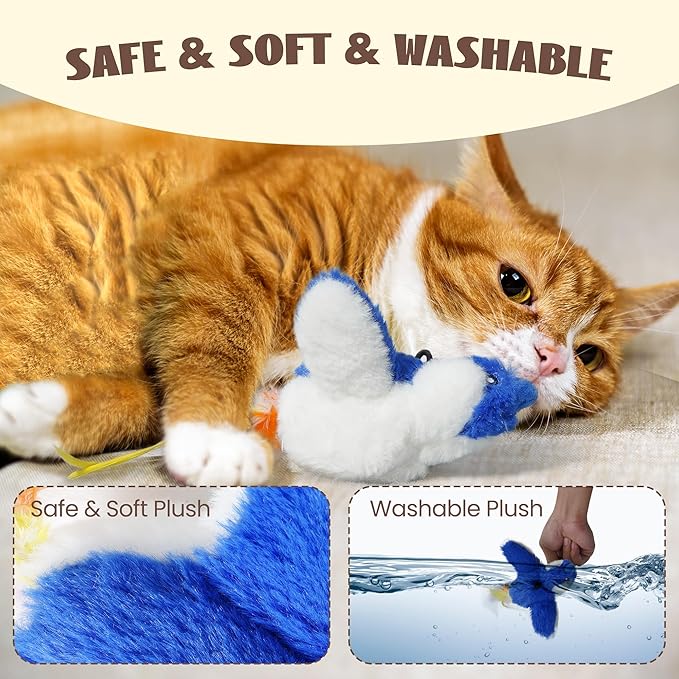 Flapping Bird Cat Toy, Interactive Catnip Kitten Toy with Lifelike Chirping, Rechargeable & Touch Activated for Bored Indoor Adult Cats of All Breeds, Blue