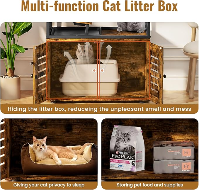 Lamerge Cat Tree with Litter Box Enclosure, All-in-1 Large Cat Litter Box Enclosure, Cat Condo with Scratching Posts and Cat Feeding Bowl, Rustic Brown