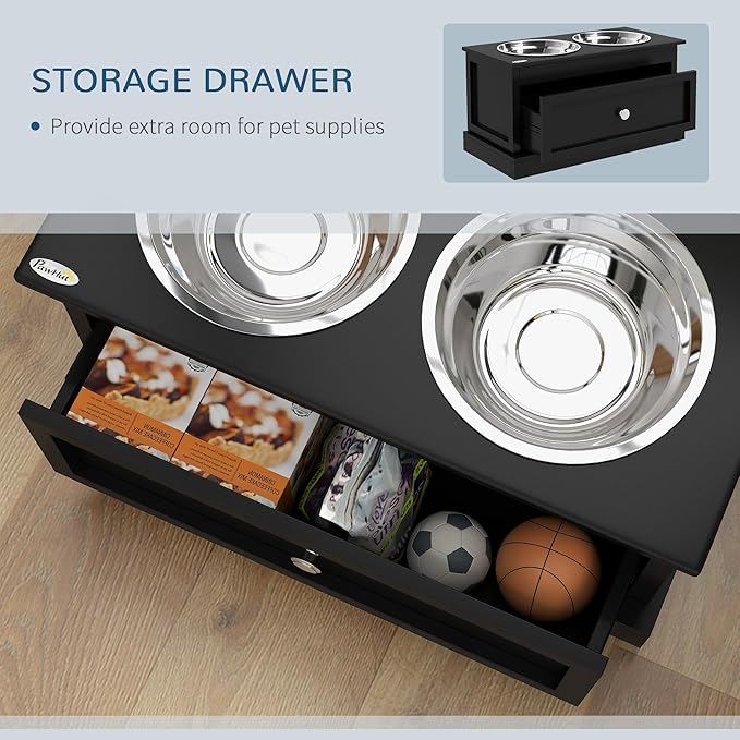 PawHut Large Elevated Dog Bowls with Storage Drawer - 11L Capacity, Raised Dog Bowl Stand Feeding Station, Black