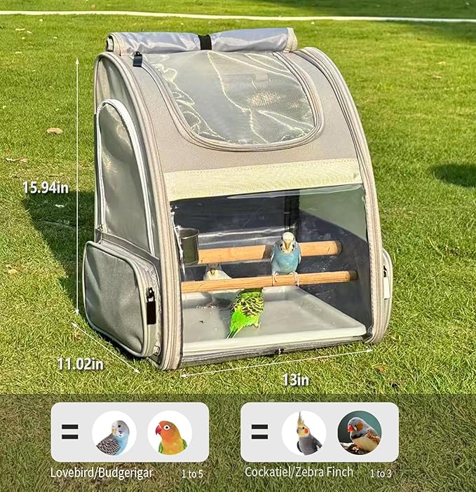 Bird Carrier,Travel Bird Cage,Bird Backpack for Small Birds Parakeet,Canary,Parrot, Finches,Cockatiel.Portable Outdoor Bird Bag with 2 Wooden Perch, Double-Clamp Cup, Detachable Poop Tray (Gray)