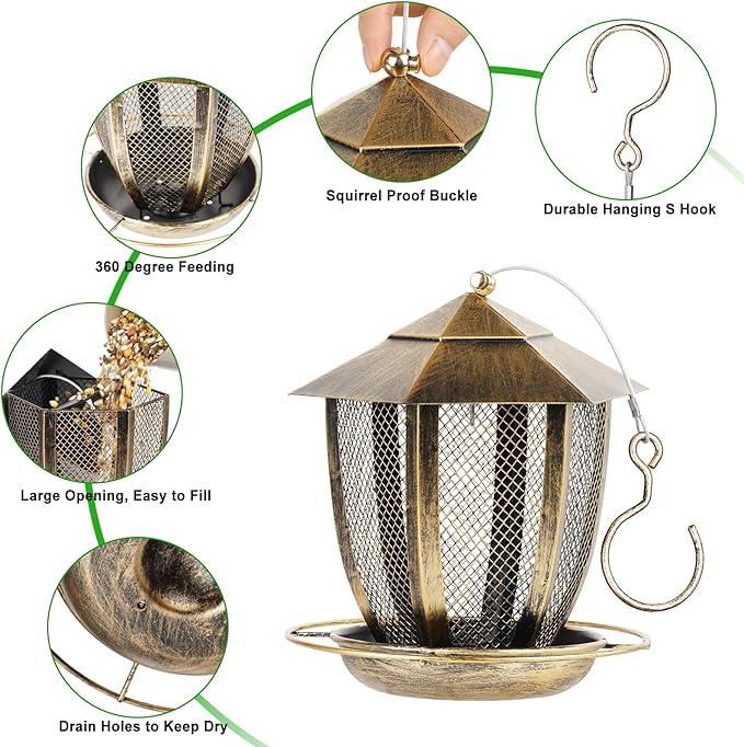 LBTING Bird Feeder for Outside, Hexagon Lantern-Shaped Metal Bird Feeder, Squirrel Proof Wild Bird Feeders for Hanging Outdoor Garden Yard