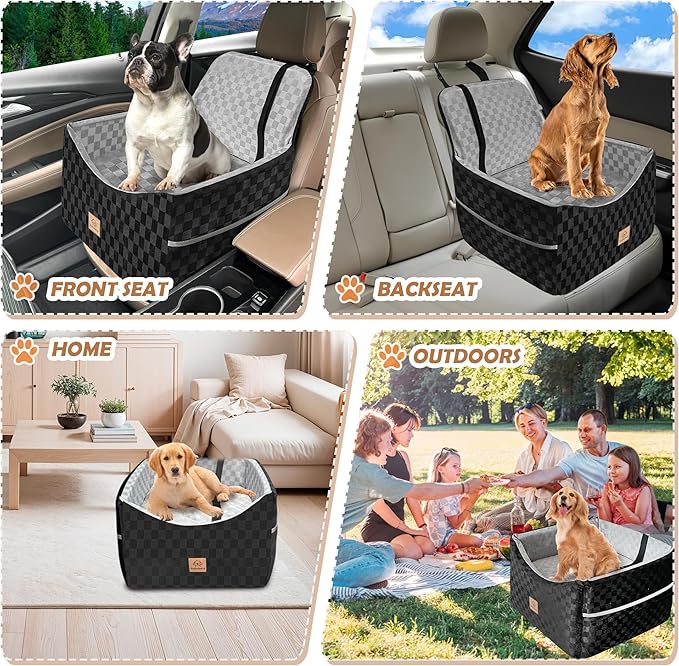 Dog Car Seat for Small and Medium Dogs Up to 35 lbs –Memory Foam Dog Booster Seat with Safety Leash & Storage Pockets, Fits Front & Back Car Seats, Removable Washable Cover - Black & Gray