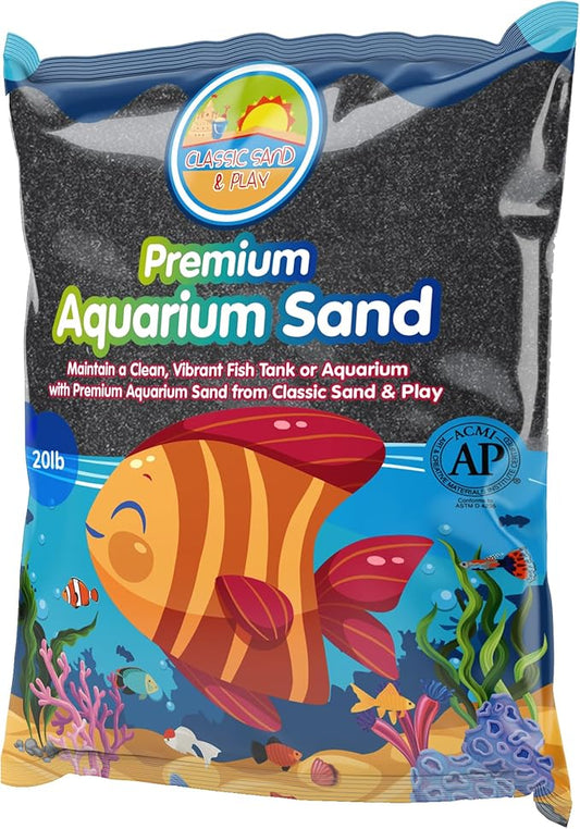 CLASSIC SAND & PLAY Natural Aquarium Sand for Freshwater and Saltwater Tanks, 20 lb. Bag, Improves Filter Life and Filtration Process, Pre-Washed Fine Sand, Black