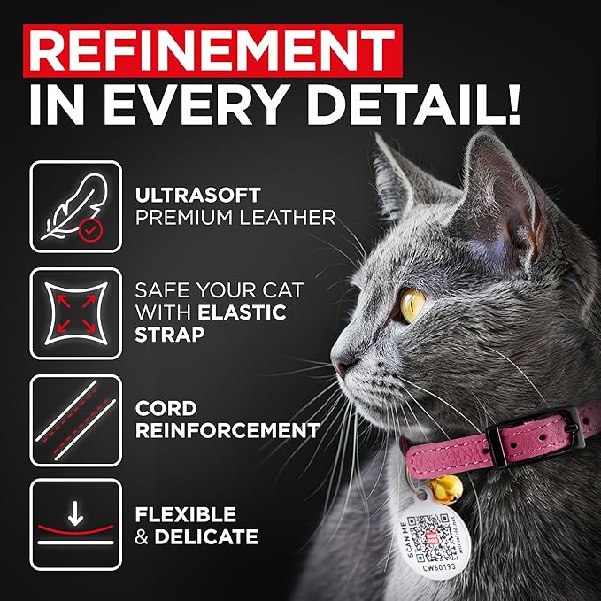 Leather Cat Collar with Bell and Safety Elastic Strap Breakaway Alternative for Small & Large Kittens, Stylish Pet Leather Collar for Boy, Girl Cats with Metal Buckle & QR ID Tag (Pink)