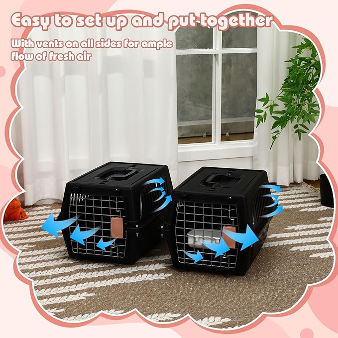 2 Set Pet Carrier for Small Dogs and Cat, Hard Shell Plastic Dog Crate with Bowl and Cooling Pad Fully Breathable Portable Kennel for Small Pet Travel Camp(Black,18.9 x 12.6 x 11.8 Inch)