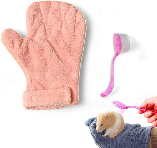 Hamster Calming Bite Proof Gloves and Grooming Brush Set, Hamster Bite Resistant Gloves Massage Brushes, Anti-Bite Glove Grooming Supplies For Small Animals Rabbit Rat Sugar Glider (Pink)