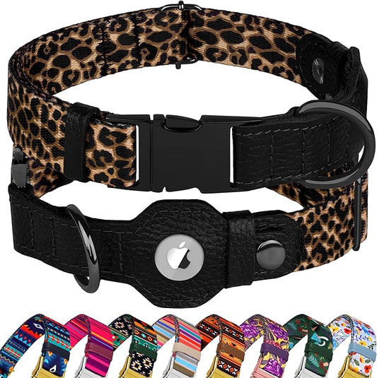 AirTag Dog Collar for Small Medium Large Breed - Adjustable Cute Pattern Dog Collar with Airtag Holder - Soft Leather Tracker GPS Apple Air Tag Pet Collars (Medium, 14"-18" Neck Fit, Leopard)