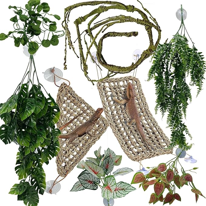 Reptile Plants for Bearded Dragon Tank Accessories, Terrarium Plant Artificial Decor for Snake Cage, Fake Plant for Leopard Gecko Habitat, Lizard Chameleon Ball Pythons (Group GN)